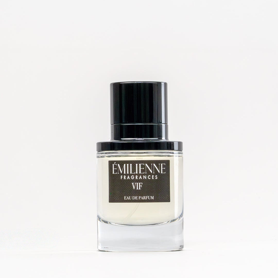 Perfume bottle with black cap on a white background